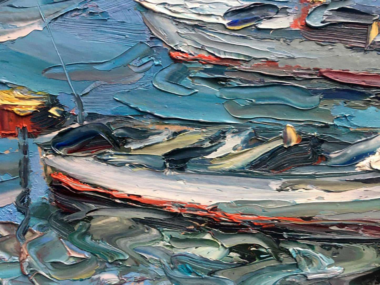 Boats resting by the shore in Alexander Nikolaevich Cherednichenko's oil artwork