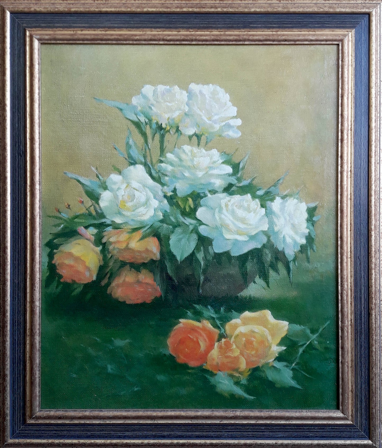 Oil painting White and yellow roses in a vase Vasily Korkishko
