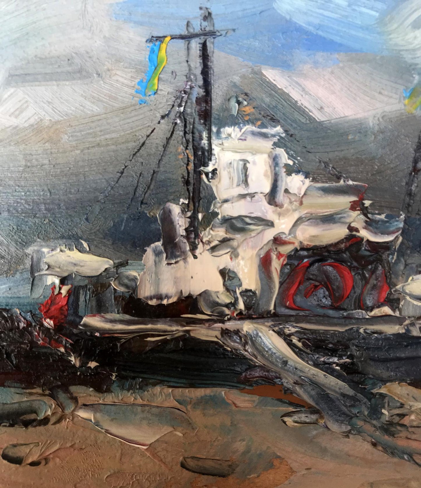 Alexander Nikolaevich Cherednichenko depicted a ship on the coast in oil