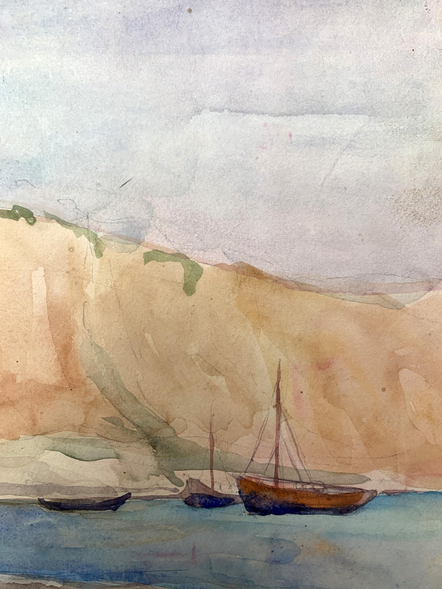 Watercolor painting Boats on the shore Unknown artist