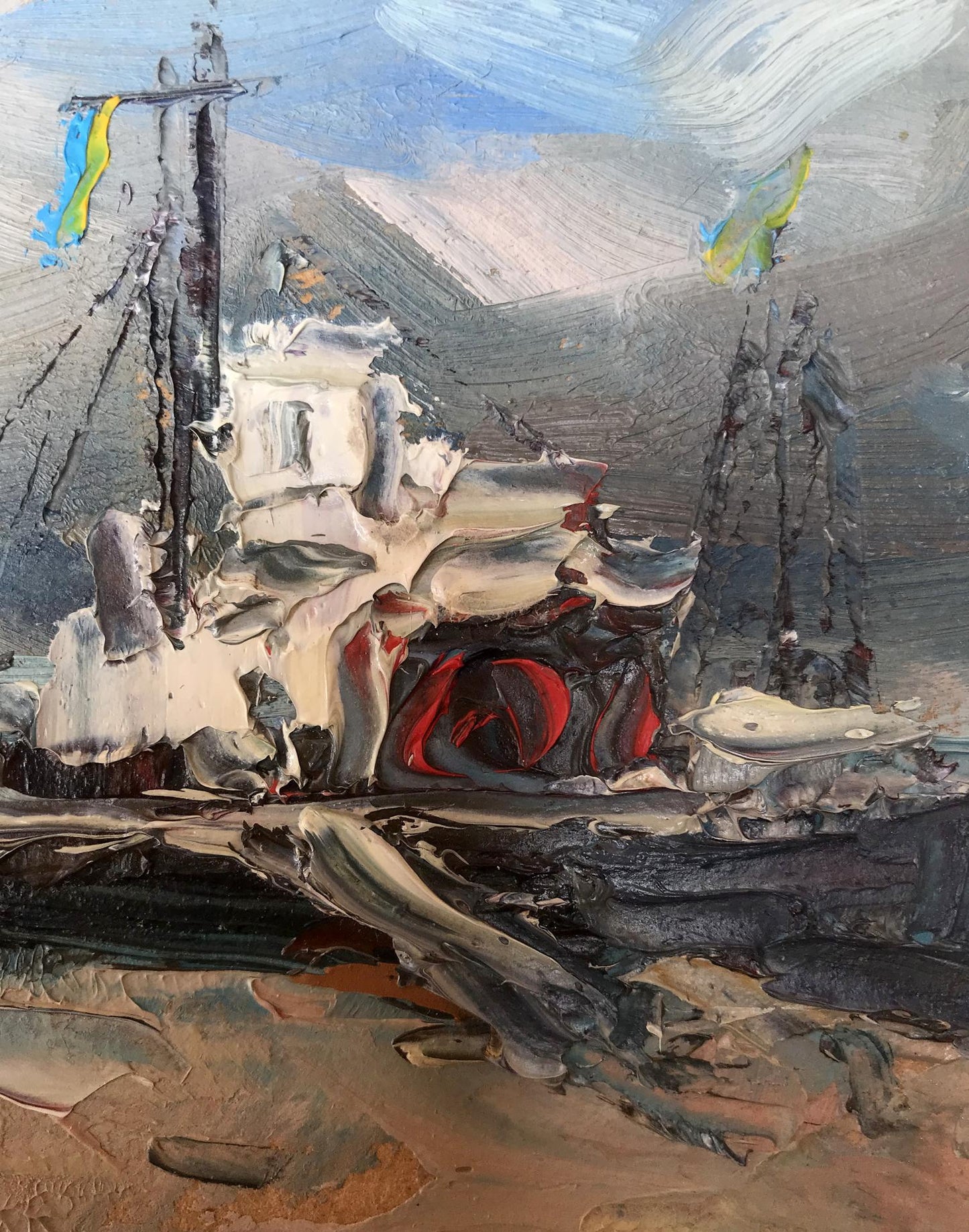 Oil portrayal of a ship on the coast by Alexander Nikolaevich Cherednichenko