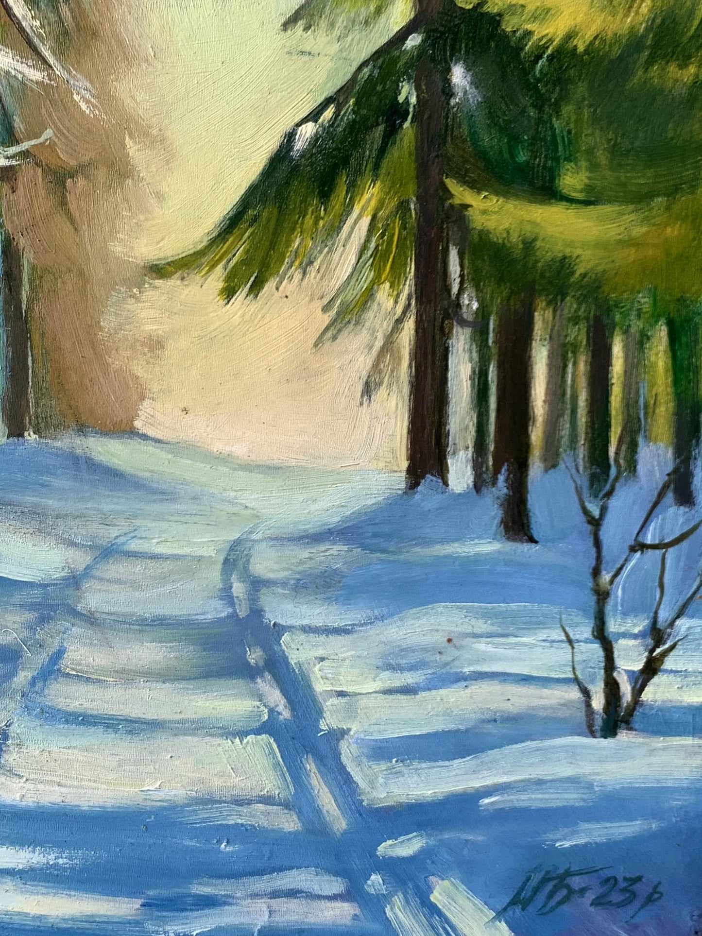 Oil painting Snowy road in the forest Mykhailo Burdylo