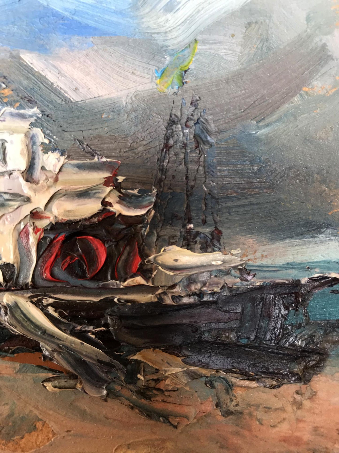 The ship on the coast captured in oils by Alexander Nikolaevich Cherednichenko