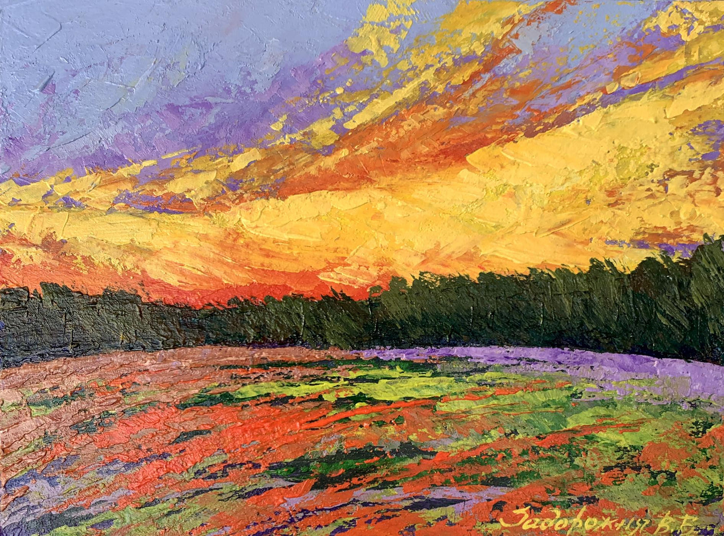 Oil painting Watching the sunset in the field V. Zadorozhnya