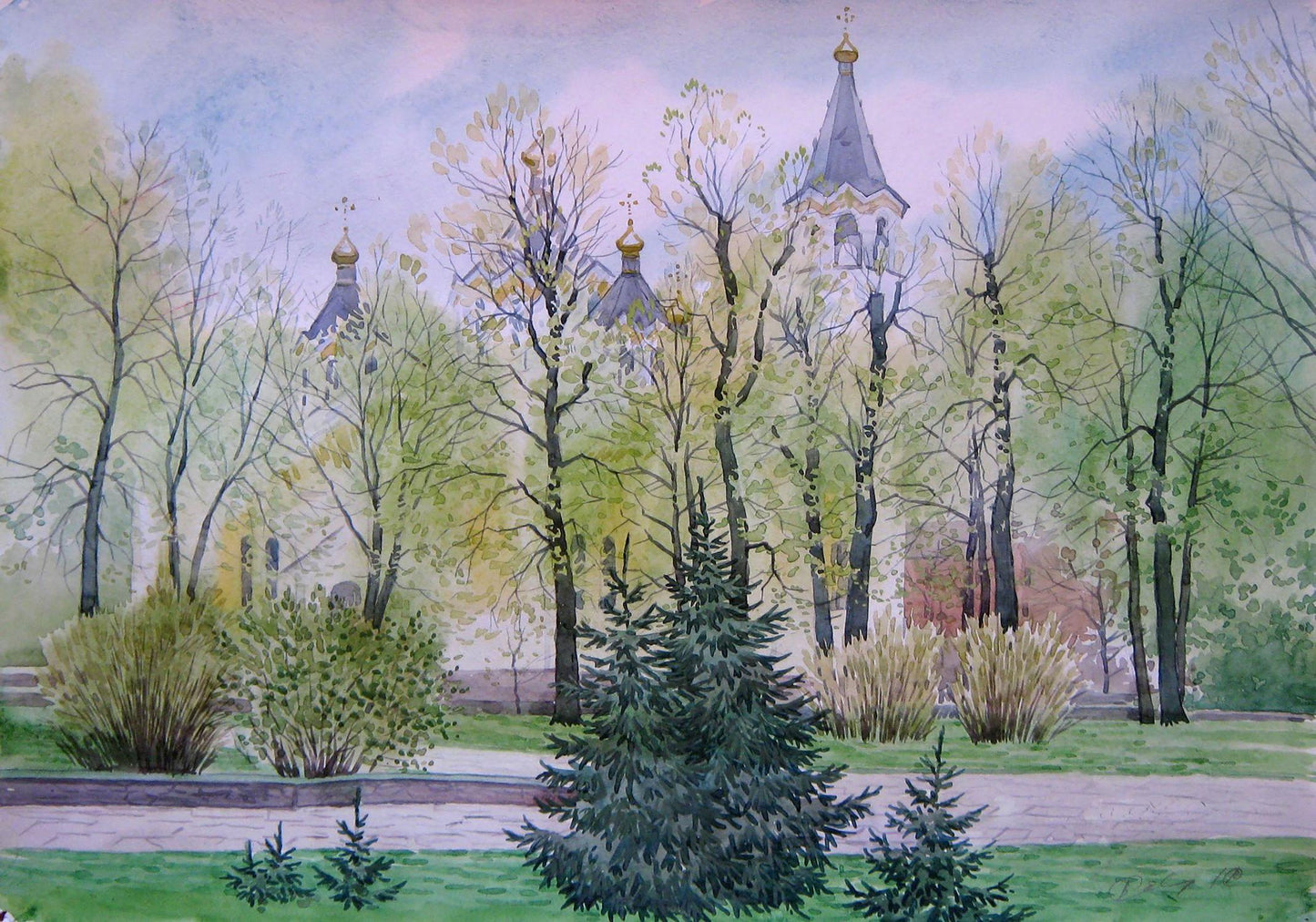 Watercolor painting Blooming April Park Valery Savenets
