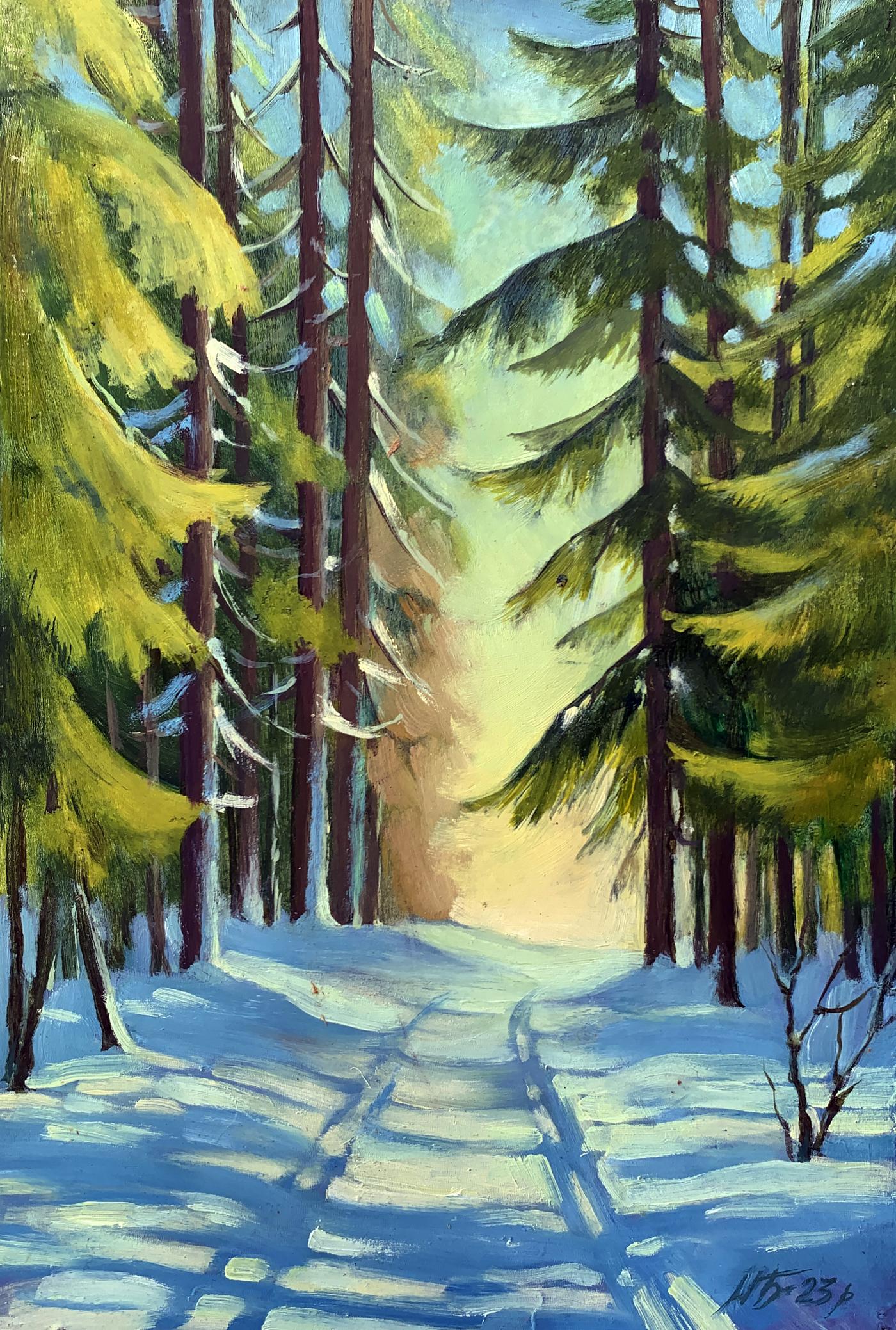 Oil painting Snowy road in the forest Mykhailo Burdylo