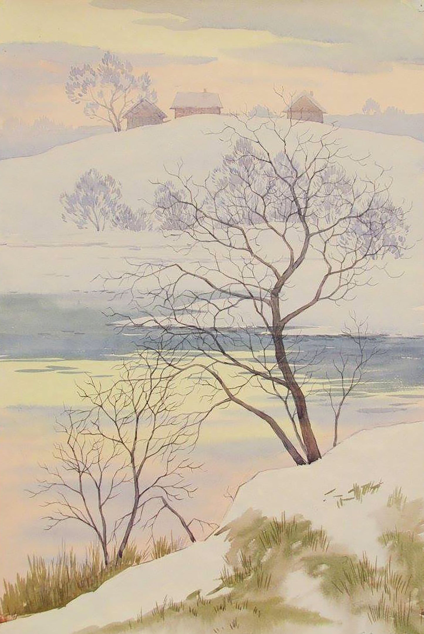 Watercolor painting February evening on a hill Valery Savenets