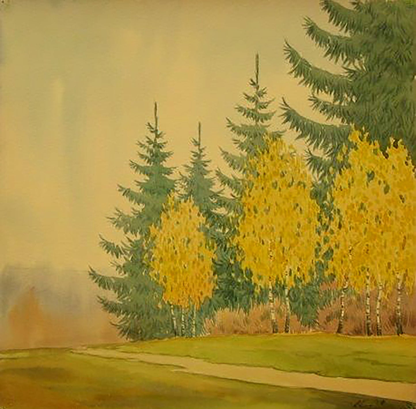 Watercolor painting Autumn green and yellow forest Valery Savenets