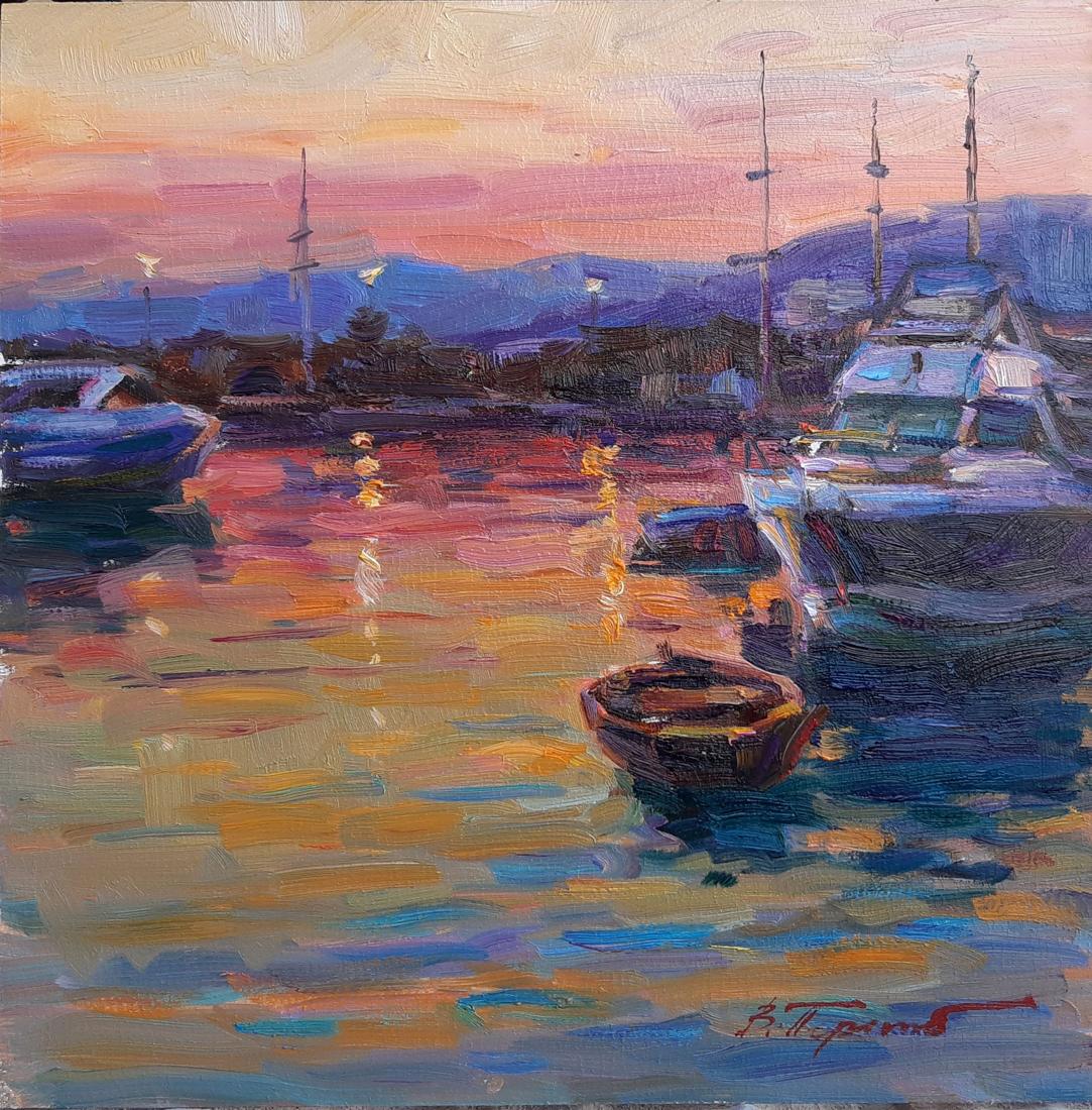 Oli painting Evening in the port Pereta Vyacheslav