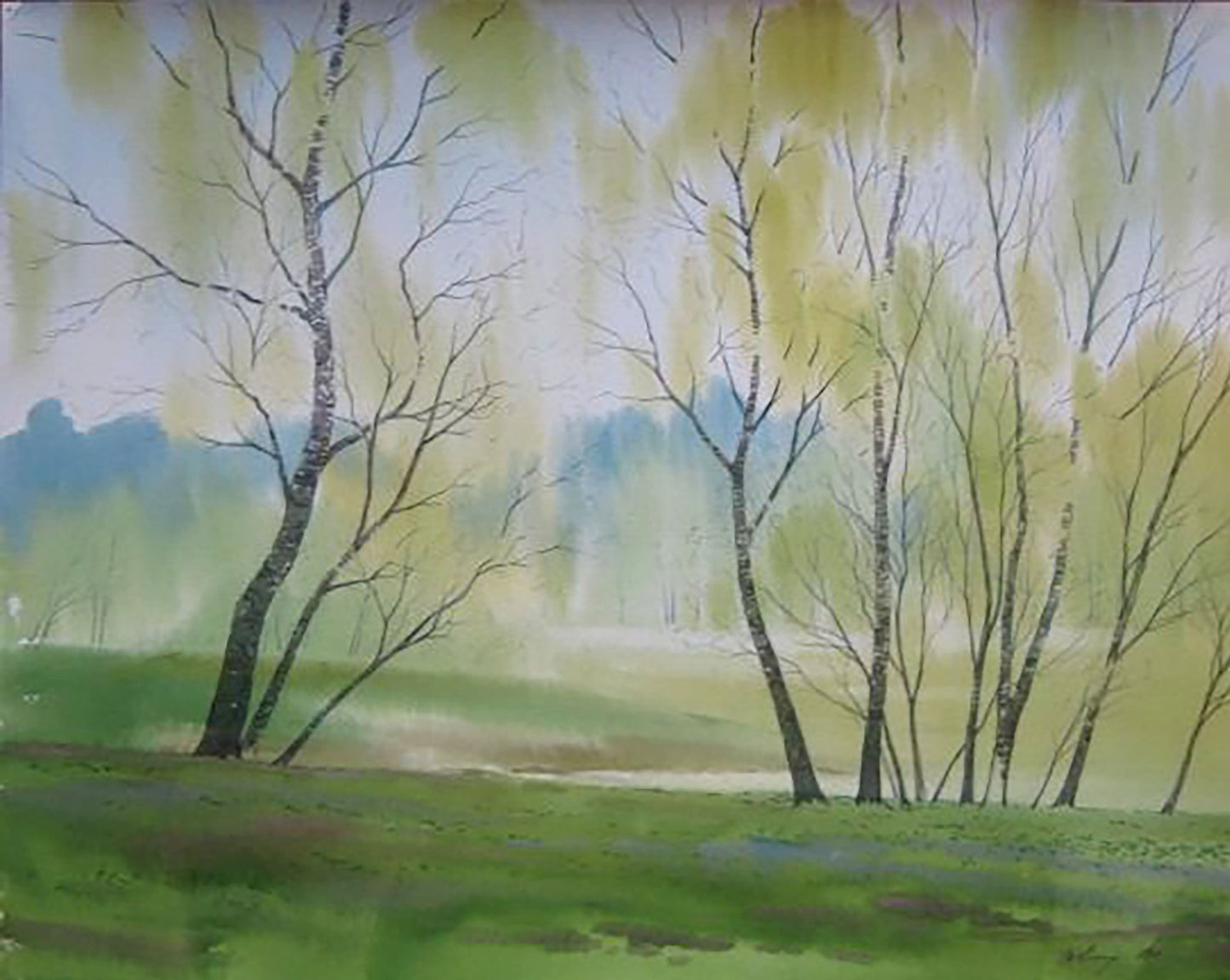 Watercolor painting Green spring trees Valery Savenets
