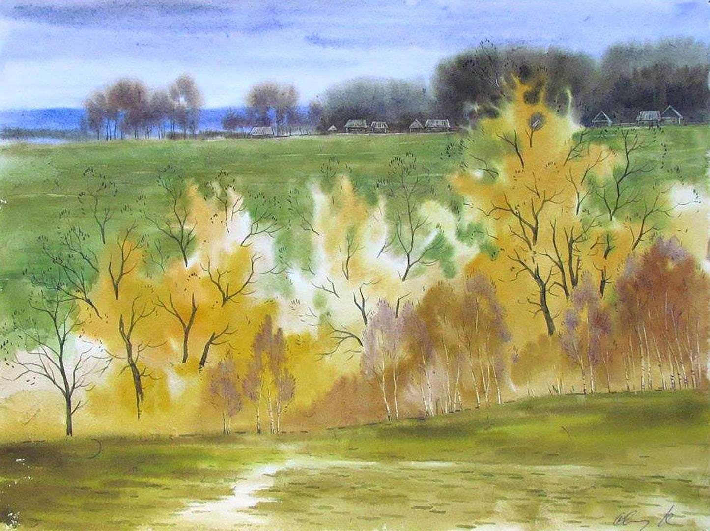 Watercolor painting Village life in October Valery Savenets