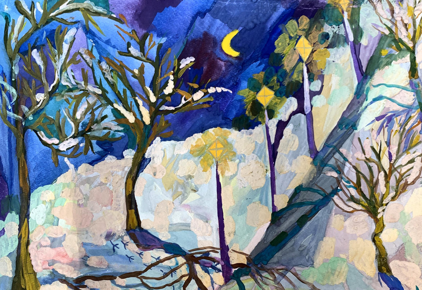 Gouache painting Winter evening in the park Ivanna Yanchuk