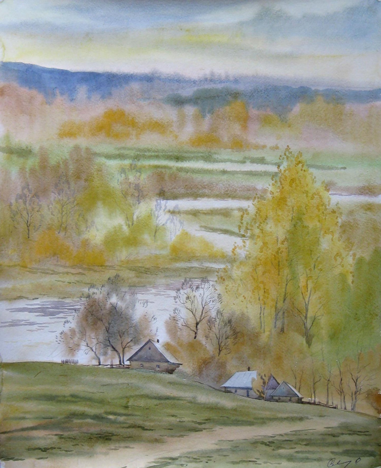 Watercolor painting Autumn yellow days Savenets Valery