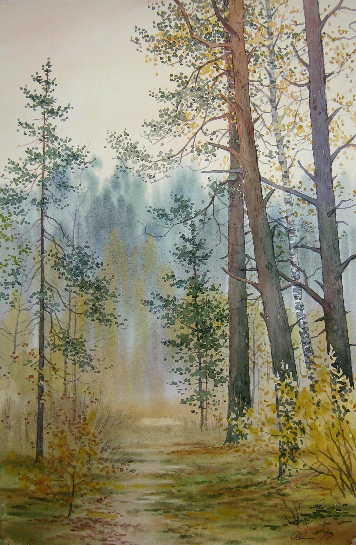 Watercolor painting Autumn golden forest Savenets Valery