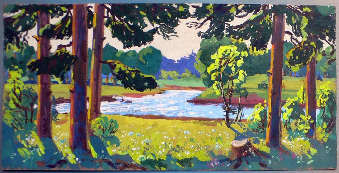 Gouache painting Forest landscape Berkut Kommunar Savelyevich