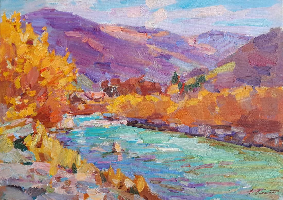 Oli painting Mountain river Pereta Vyacheslav