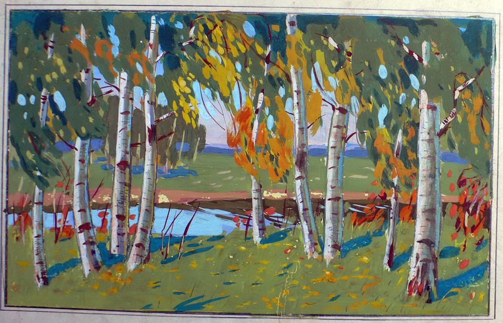 Gouache painting Birch thicket Berkut Kommunar Savelyevich