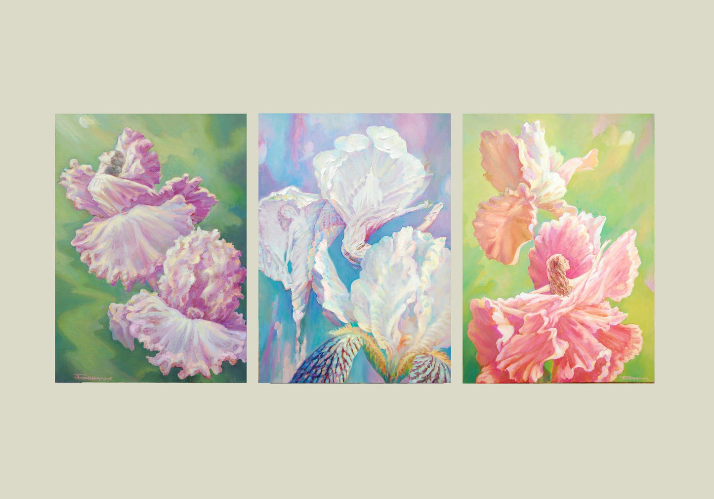 Oil painting Triptych flowers girl Benfialov