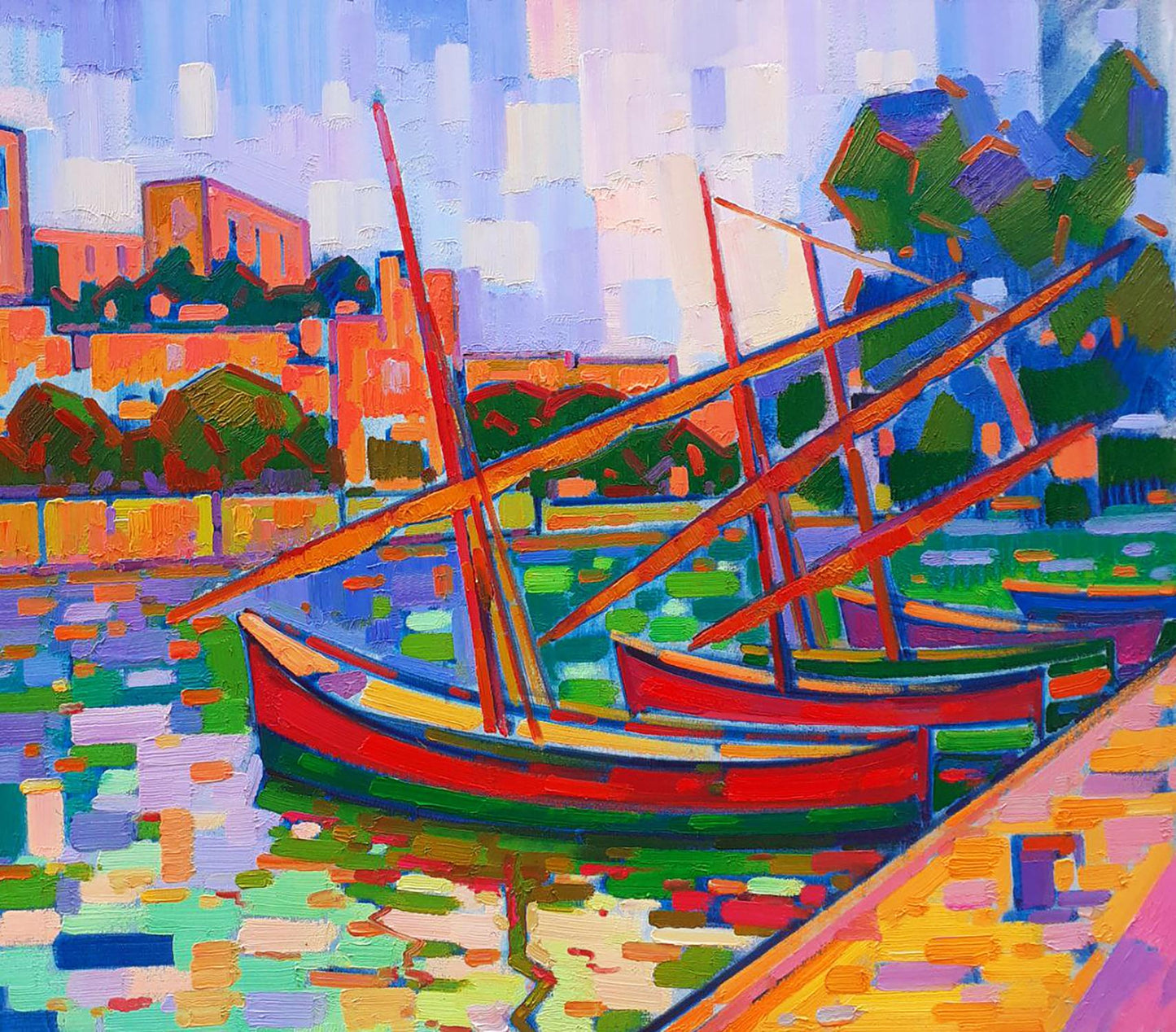 Oil painting Boats at the pier Peter Dobrev