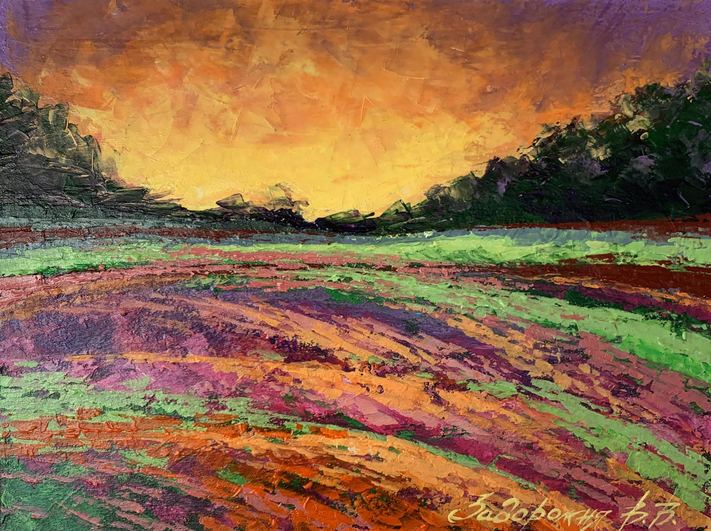 Oil painting Sunset behind the forest V. Zadorozhnya
