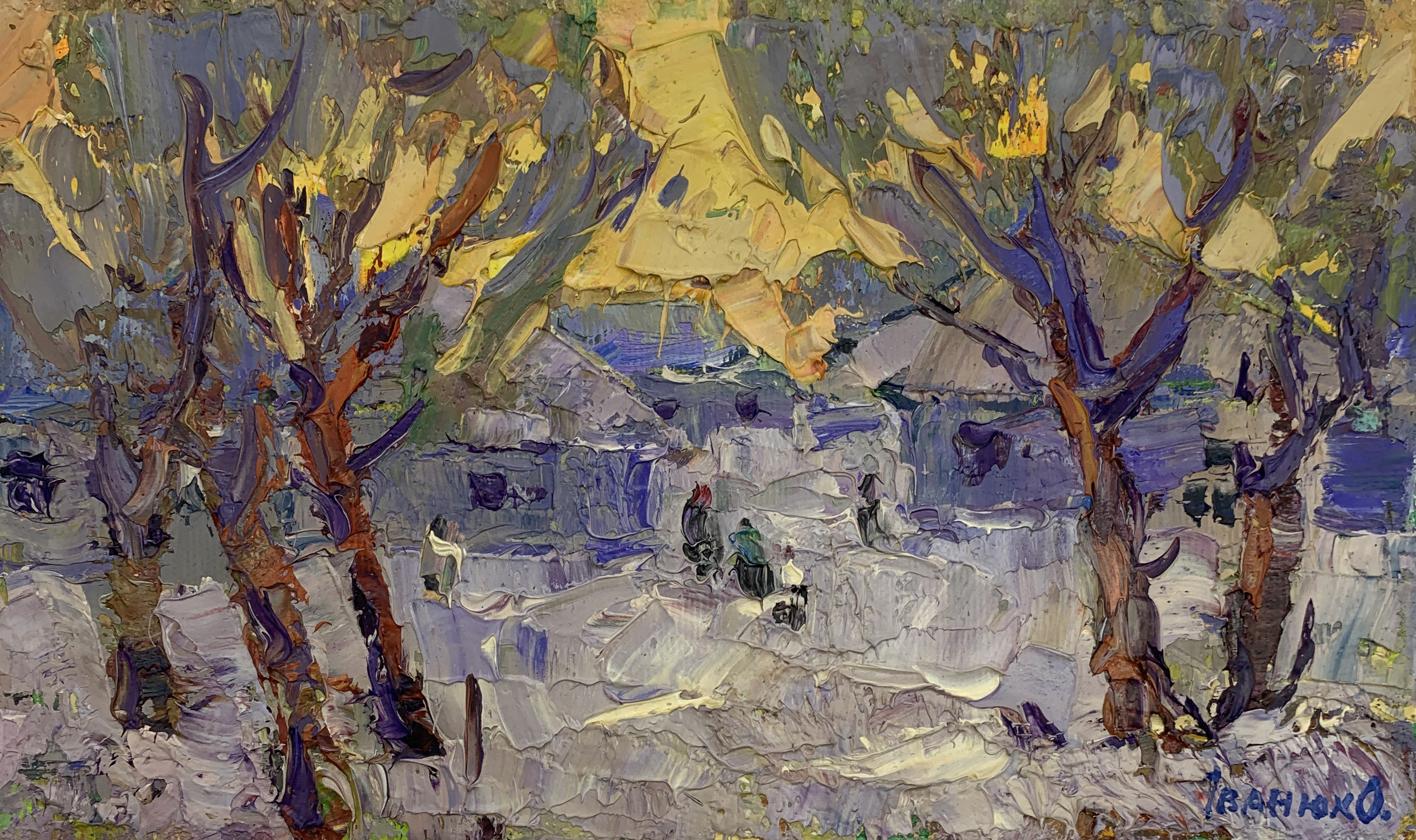 Oil painting Bright winter sunset over the village Alex Ivanyuk