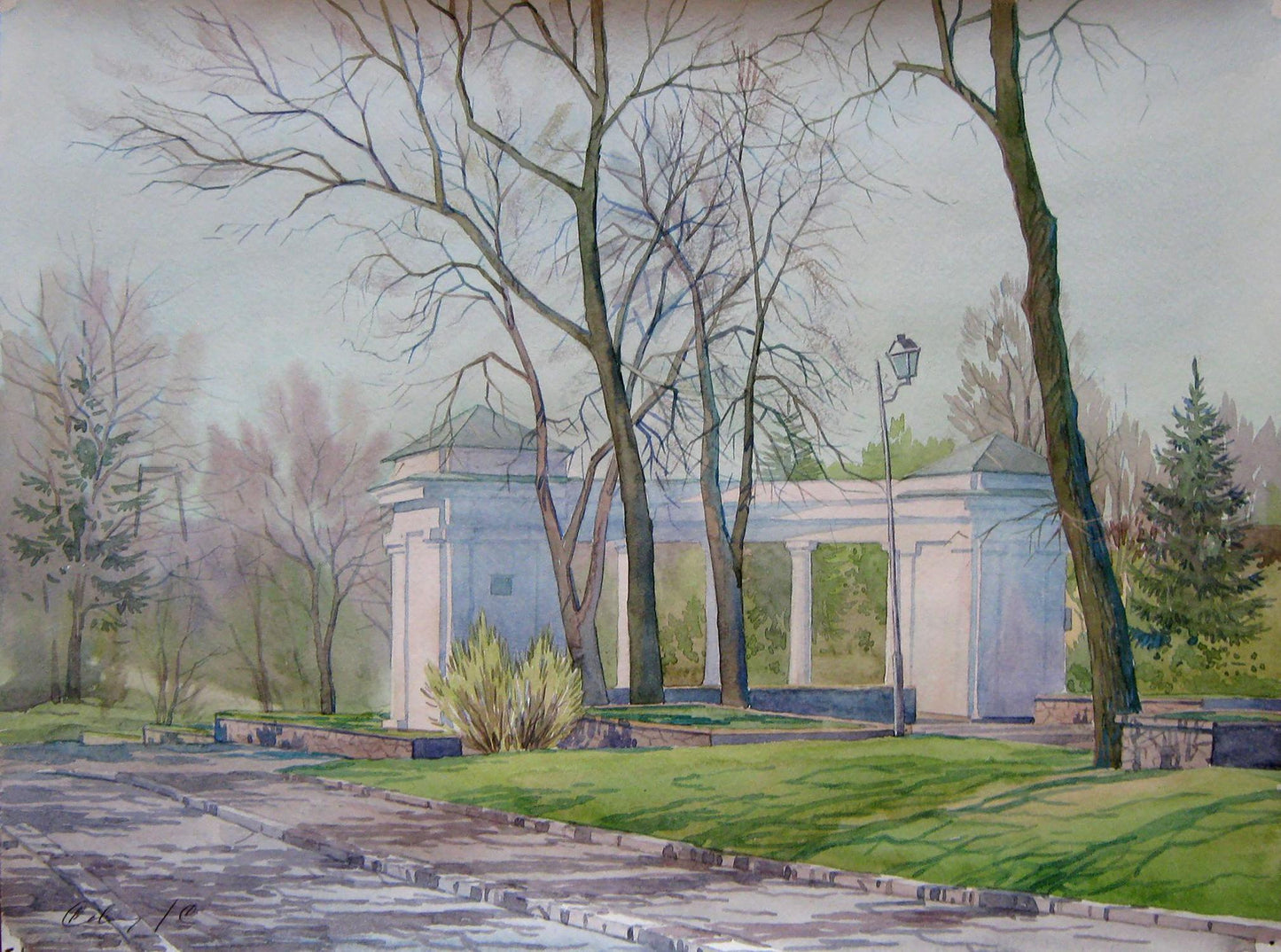 Watercolor painting Gazebo in April Park Valery Savenets