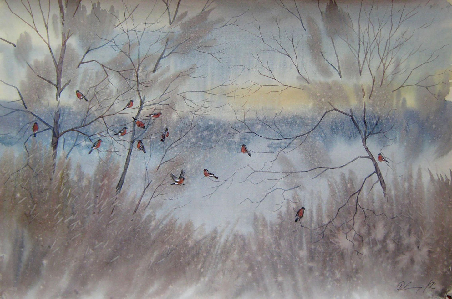 Watercolor painting Bullfinches Savenets Valery