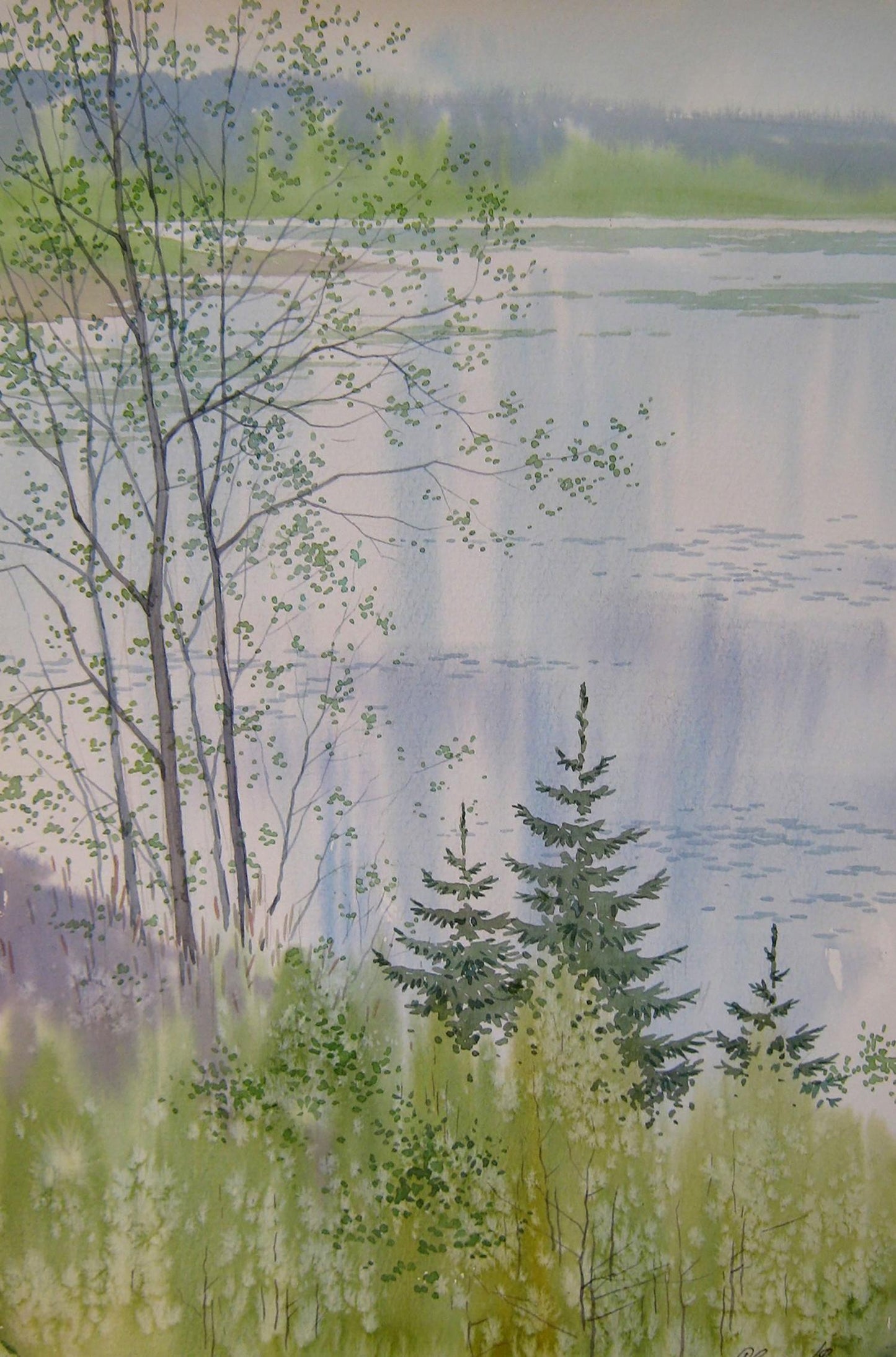 Watercolor painting April. The river overflowed Savenets Valery
