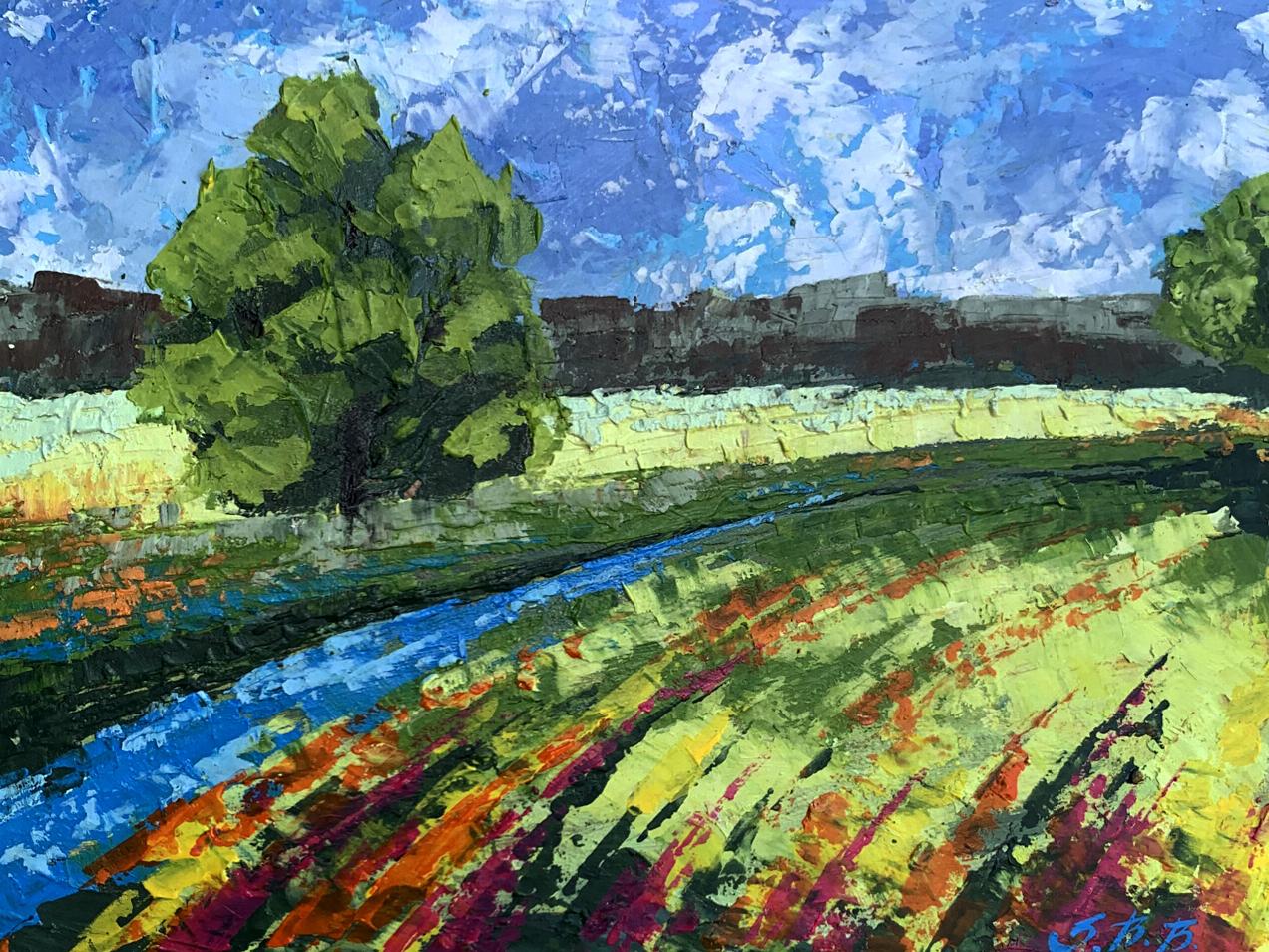 Oil painting Green fields under clear skies V. Zadorozhnya