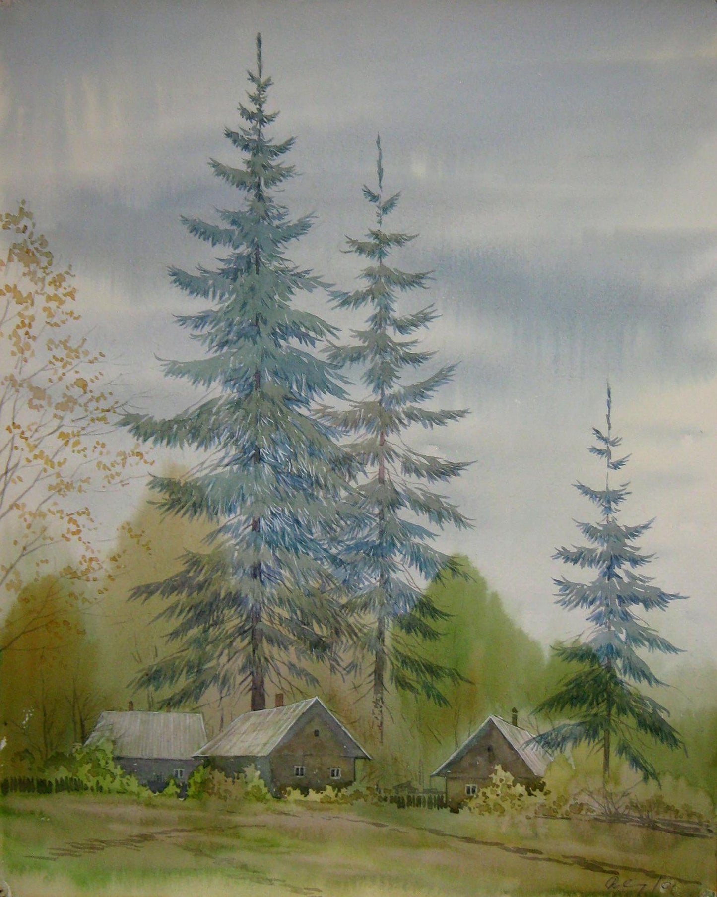 Watercolor painting Houses in the forest Valery Savenets