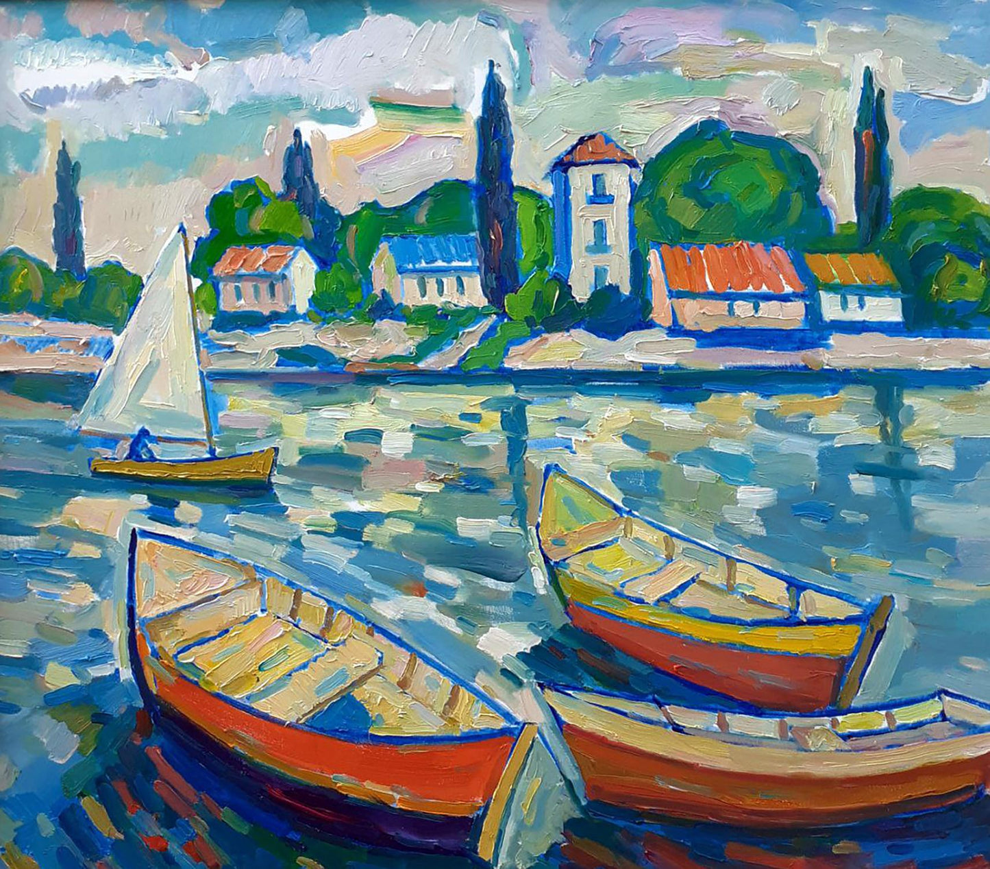 Oil painting Landscape with boats Peter Dobrev