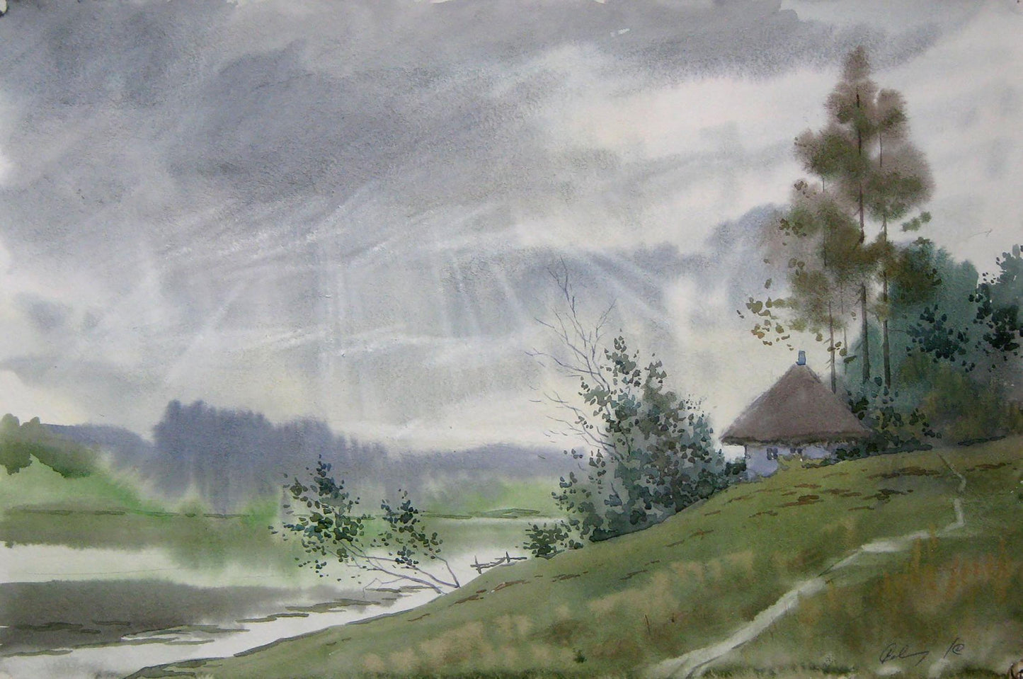 Watercolor painting Sun rays through the clouds Valery Savenets