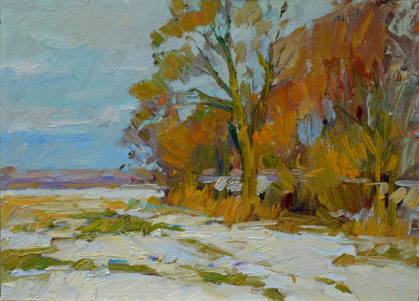 Oli painting The first snow Pereta Vyacheslav