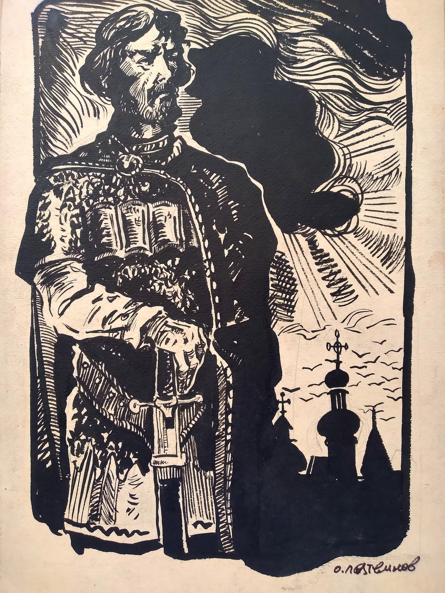Ink artwork by Oleg Arkad'yevich Litvinov: "Visage of Prince Vladimir"