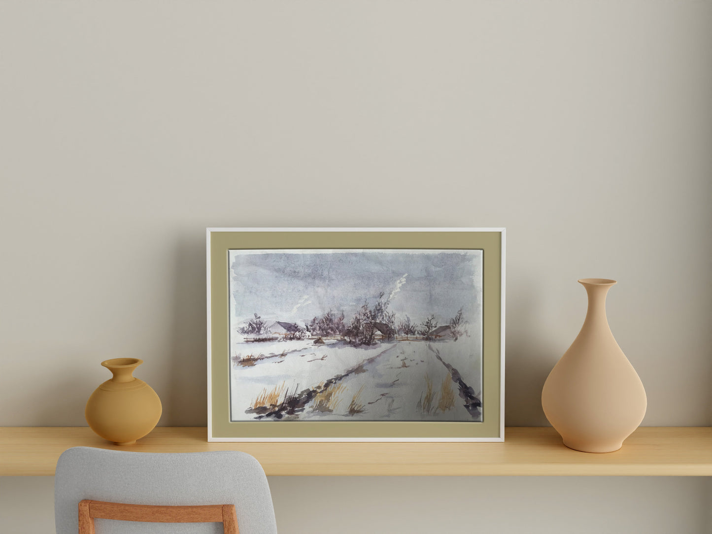 Watercolor painting Winter in the village Unknown artist