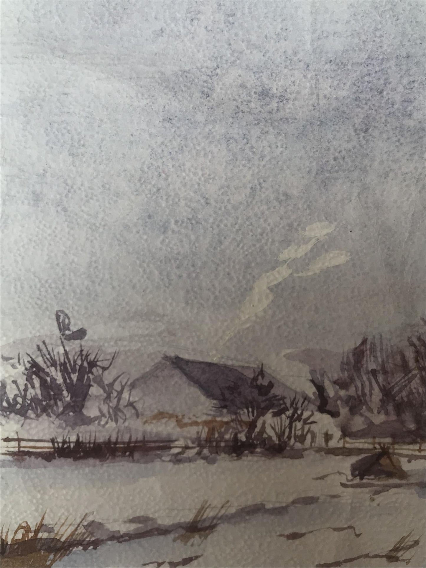 Watercolor painting Winter in the village Unknown artist