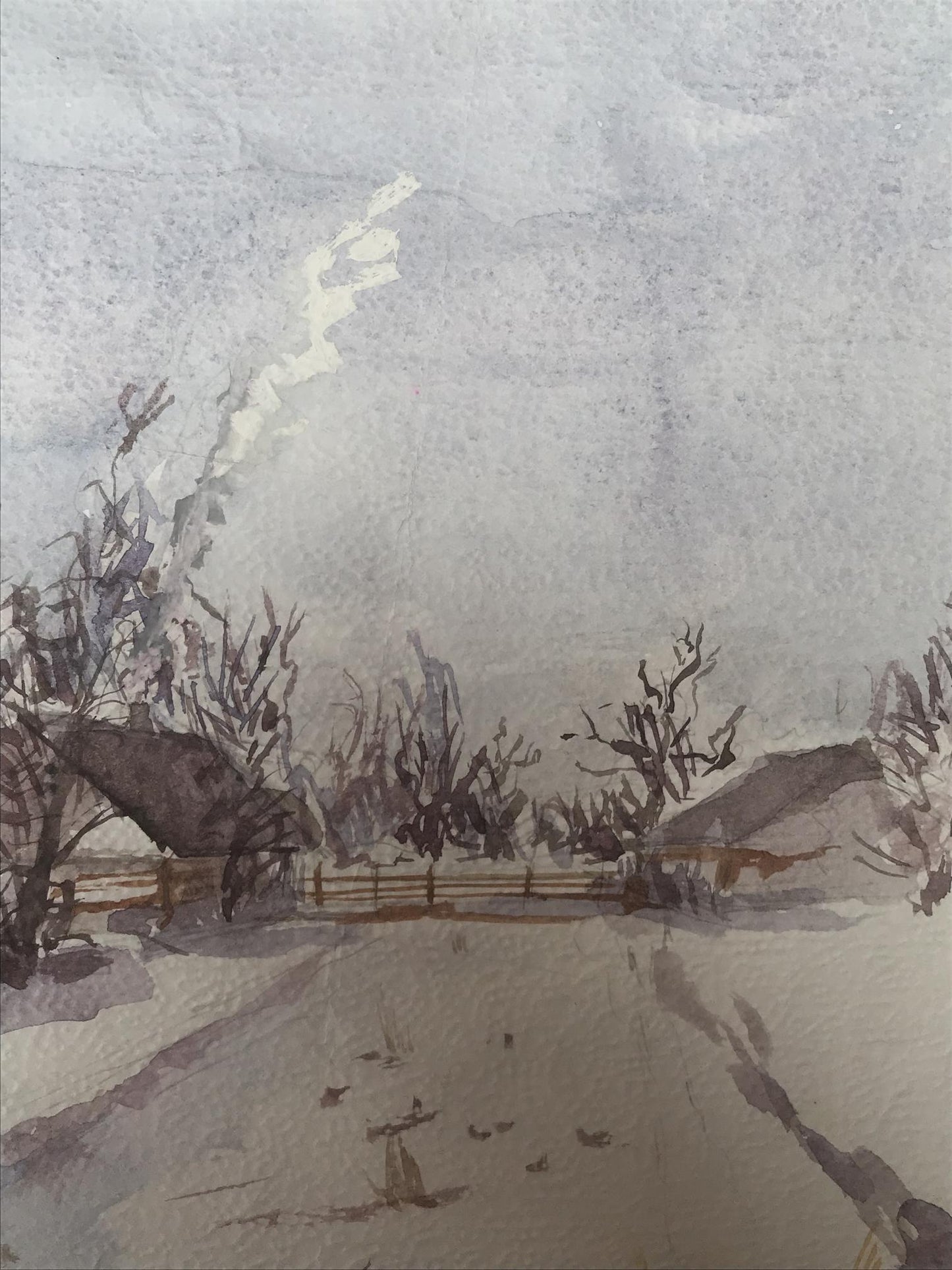 Watercolor painting Winter in the village Unknown artist