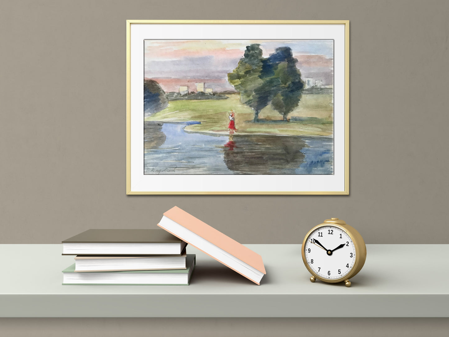 Watercolor painting River outside the city