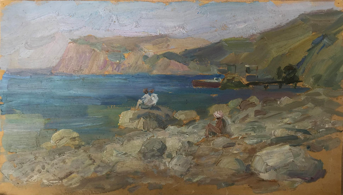 Oil painting Couple relaxing on the sea Unknown artist