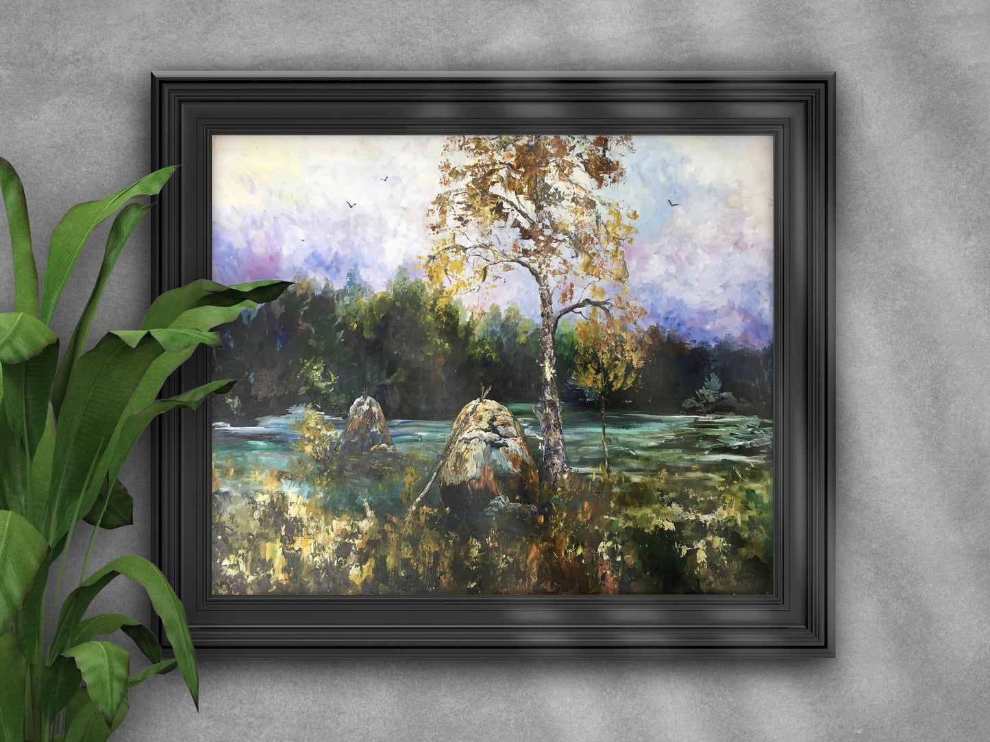 Oil painting Haystacks and forest Unknown artist