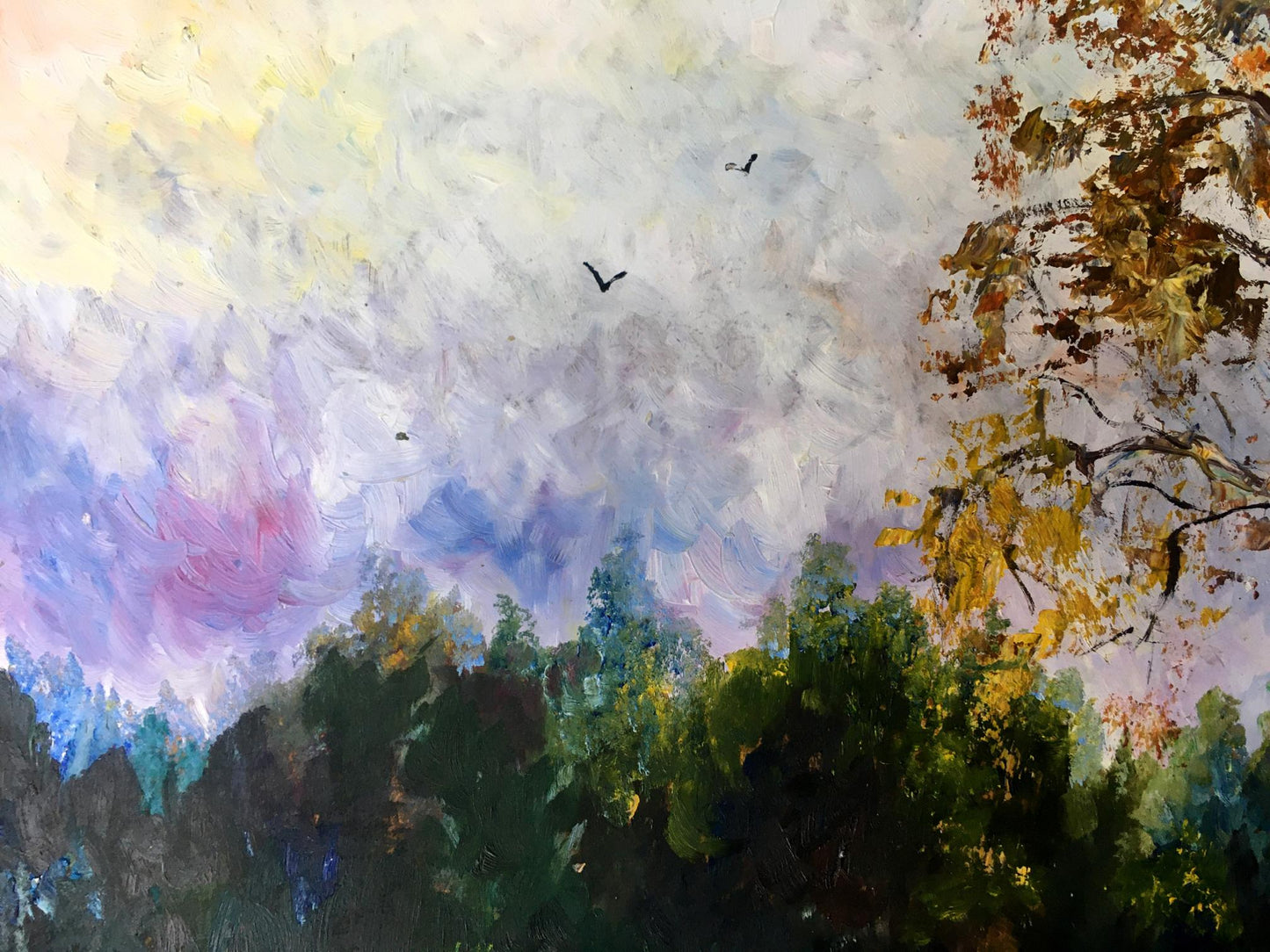 Oil painting Haystacks and forest Unknown artist