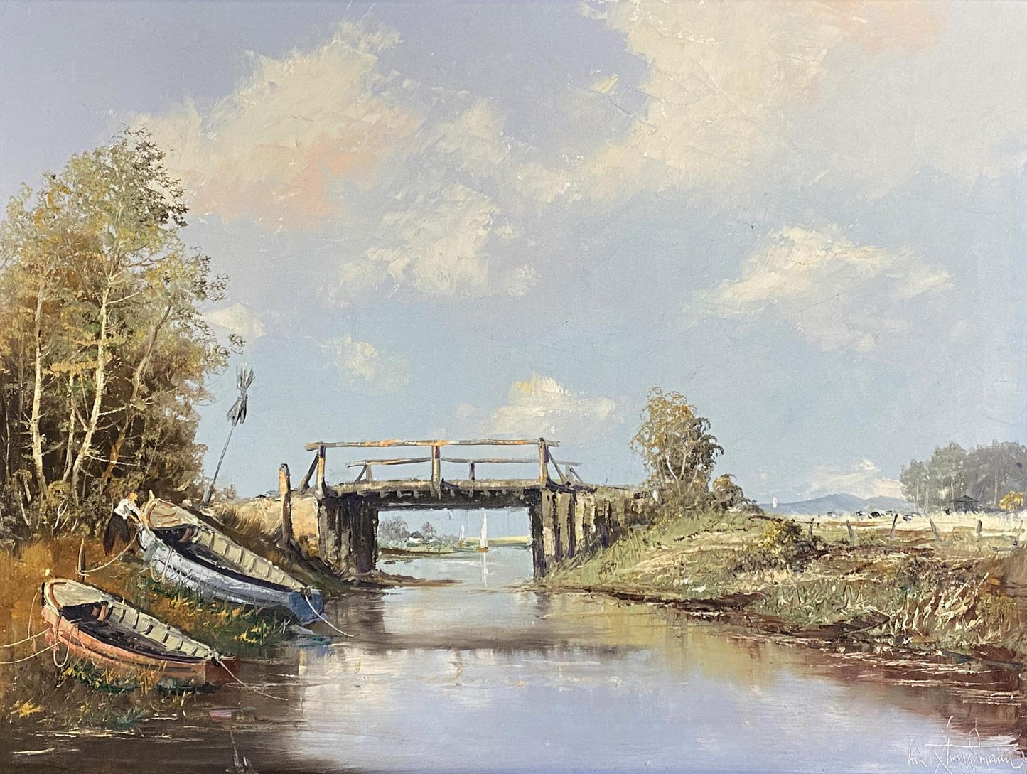 Oil painting River landscape with boats European artist