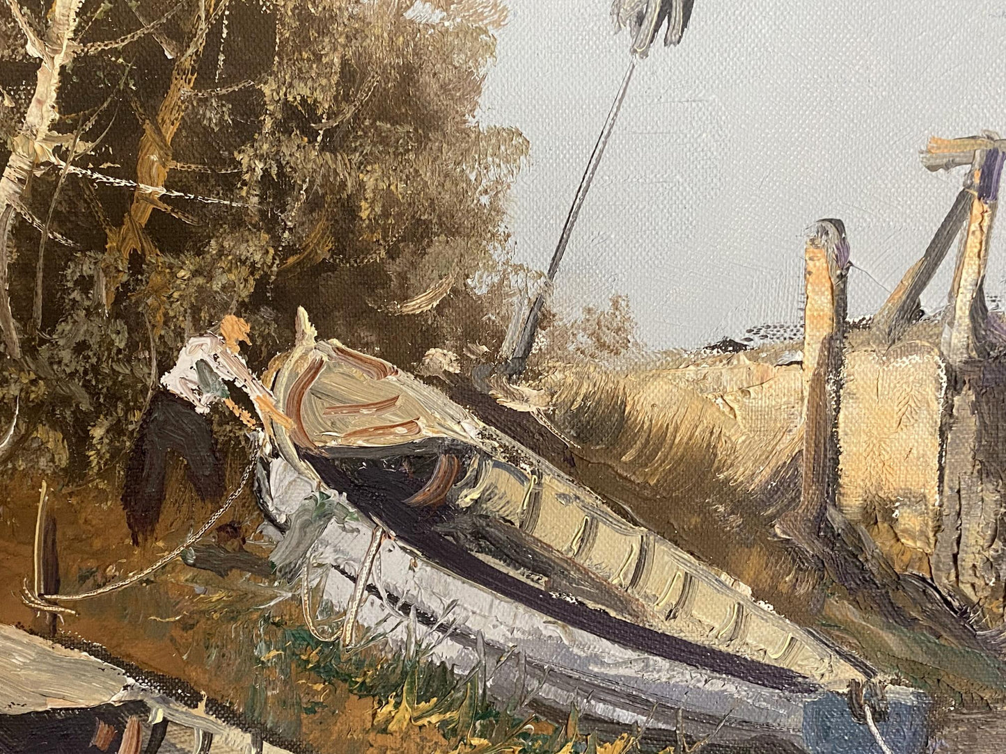 Oil painting River landscape with boats European artist
