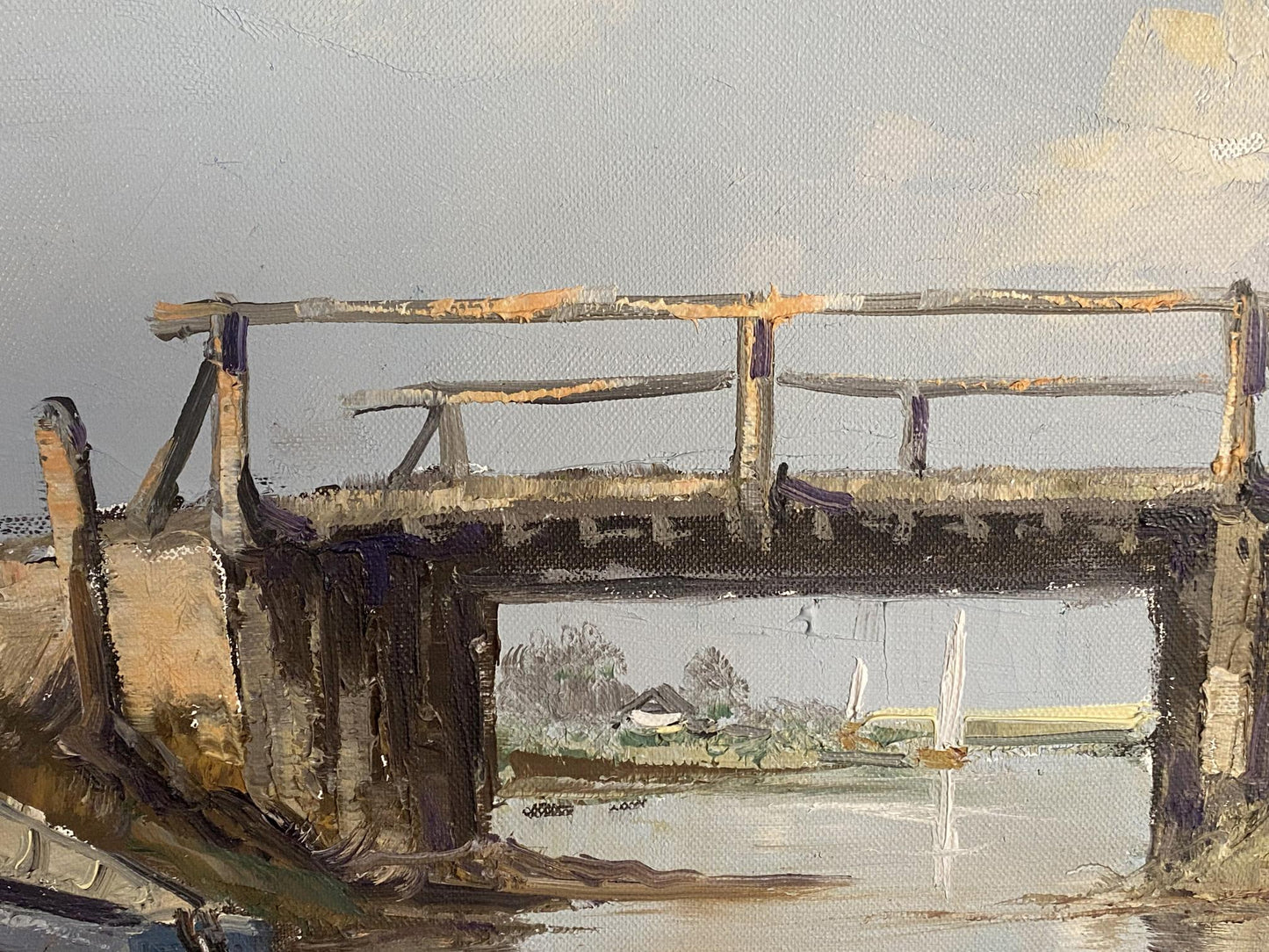 Oil painting River landscape with boats European artist