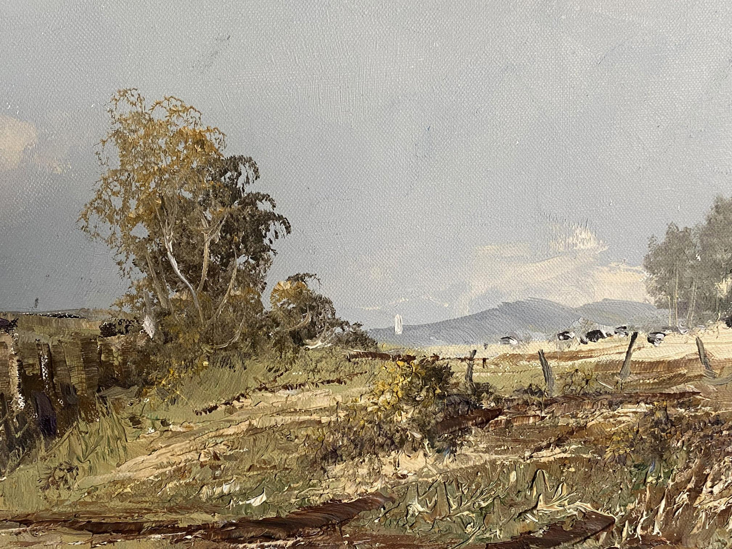 Oil painting River landscape with boats European artist