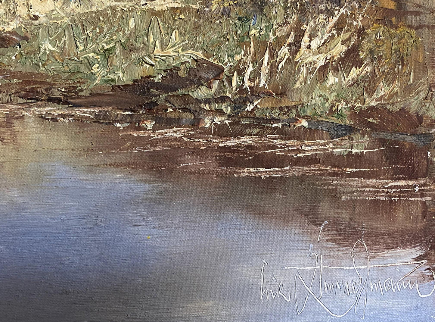Oil painting River landscape with boats European artist