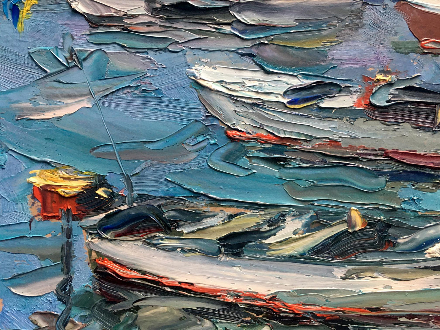 The shoreline depicted with boats in Alexander Nikolaevich Cherednichenko's oil painting
