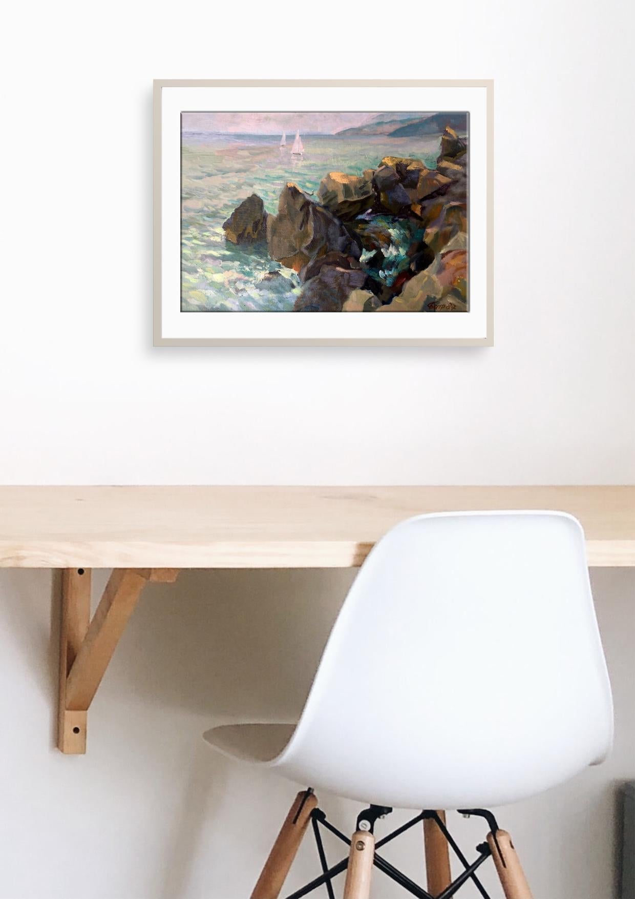Oil painting "Morning by the Sea" by Batrakov, depicting peaceful seaside morning.