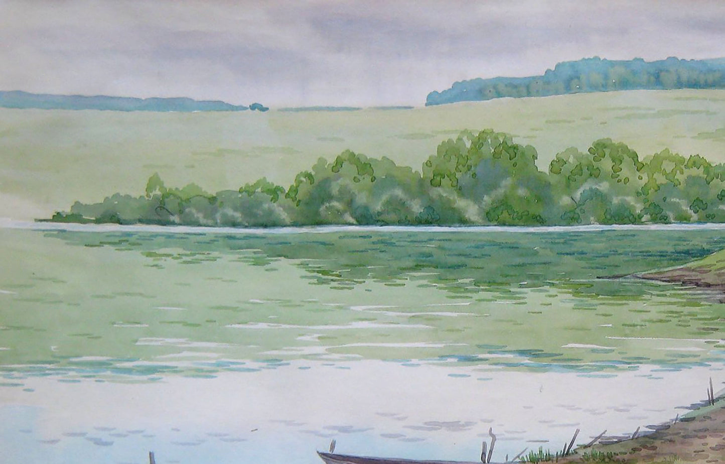 Watercolor painting River Boats Savenets Valery