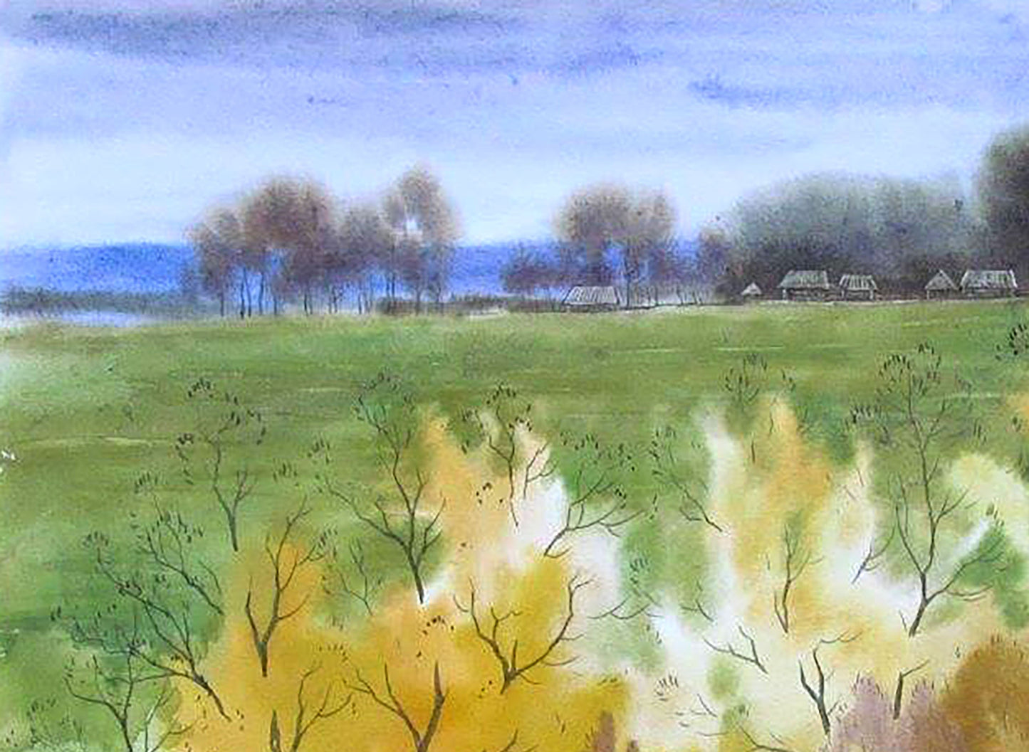 Watercolor painting Village Autumn Landscape Valery Savenets